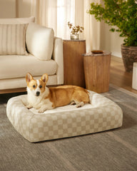 Charlee Checkered Neutral Woven Bolster Pet Bed