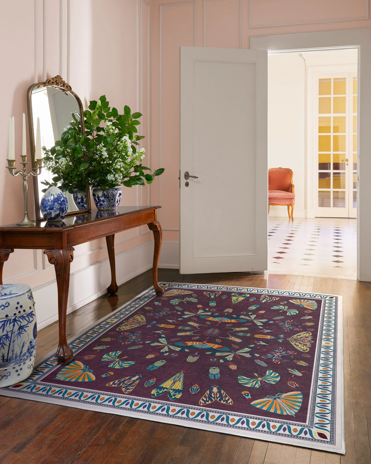 Flutterby Burgundy Rug by Iris Apfel